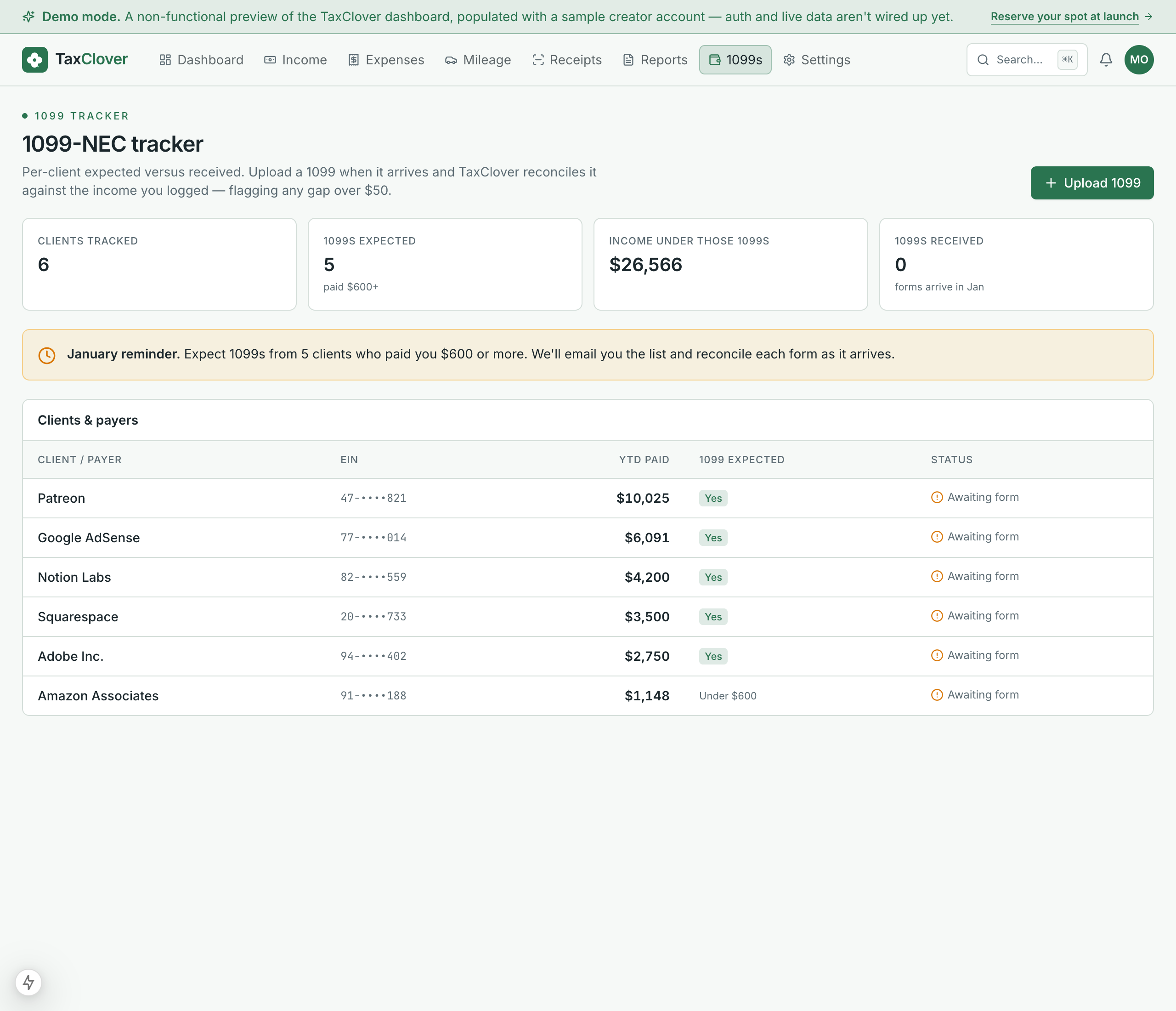 The TaxClover 1099 tracker, listing each client with the income paid year-to-date and whether a 1099 is expected.